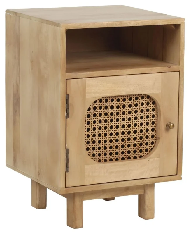 Zoya –Natural Wood Rattan Bedside Cabinet with Door & Open Shelf