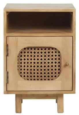 Zoya –Natural Wood Rattan Bedside Cabinet with Door & Open Shelf