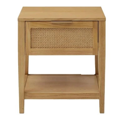 Lina Side Table – Natural Wood with Rattan Front