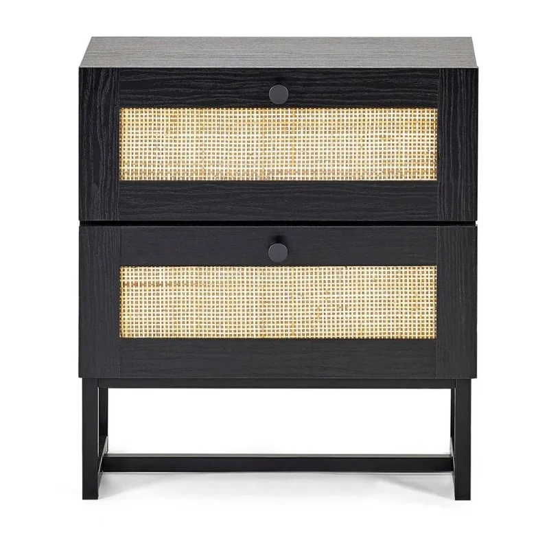Mira Side Table – Natural Wood with Two Rattan Drawers and Elegant Black Metal Base