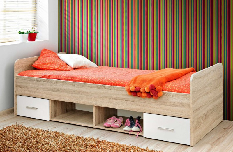 Picture of Vera – Natural Wood Single Bed with 2 Drawers and Open Storage Shelves