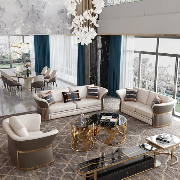 Aveline Sofa Set – 3-Seater Sofa & 2 Armchairs with Elegant Gold Accents