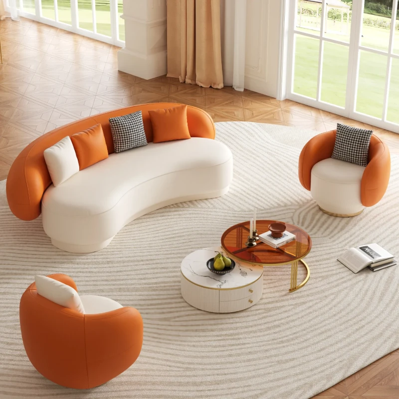 Aurélie Sofa Set – Curved Sofa & 2 Armchairs with Modern Design and Swivel Base
