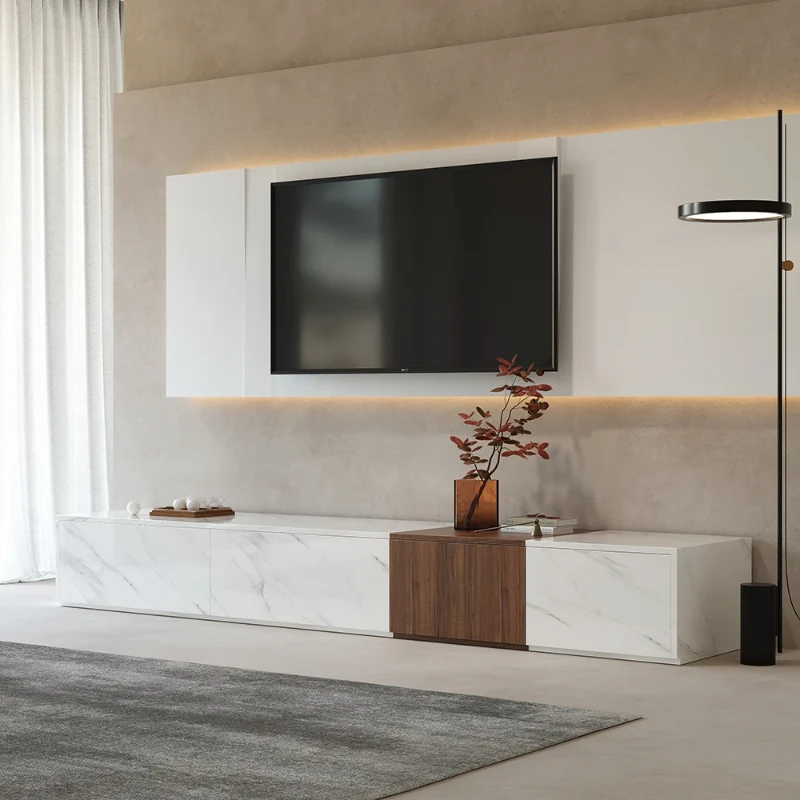Marquina – Natural Wood TV Unit with Marble-Effect Finish and Matching Coffee Table