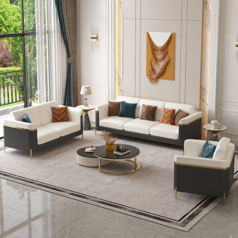 Diora – Sofa Set of Two Sofas & One Armchair with Natural Wood Frame and Gold Stainless-Steel Legs