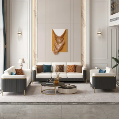Diora – Sofa Set of Two Sofas & One Armchair with Natural Wood Frame and Gold Stainless-Steel Legs