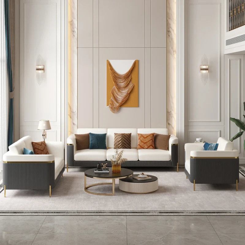 Diora – Sofa Set of Two Sofas & One Armchair with Natural Wood Frame and Gold Stainless-Steel Legs