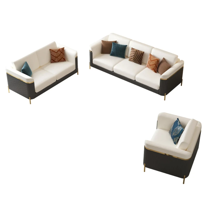 Diora – Sofa Set of Two Sofas & One Armchair with Natural Wood Frame and Gold Stainless-Steel Legs