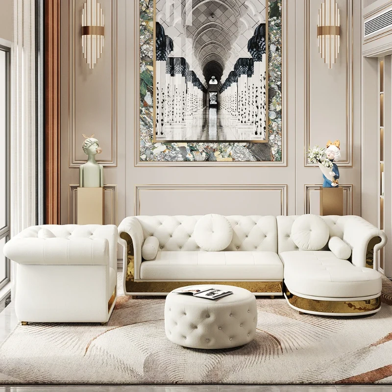 Valencia – Tufted Sectional Sofa made of Natural Wood with Gold Stainless-Steel Touch, featuring Armchair & Chaise Lounge