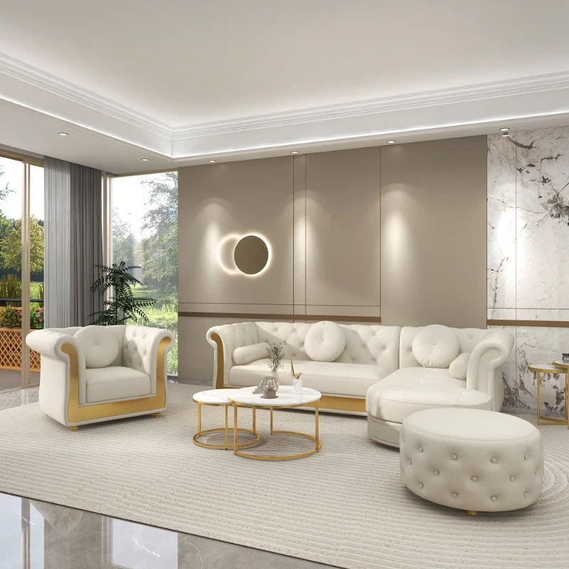 Valencia – Tufted Sectional Sofa made of Natural Wood with Gold Stainless-Steel Touch, featuring Armchair & Chaise Lounge