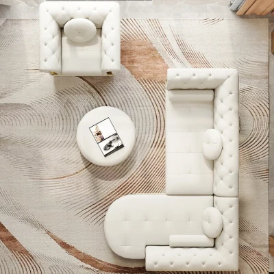 Valencia – Tufted Sectional Sofa made of Natural Wood with Gold Stainless-Steel Touch, featuring Armchair & Chaise Lounge