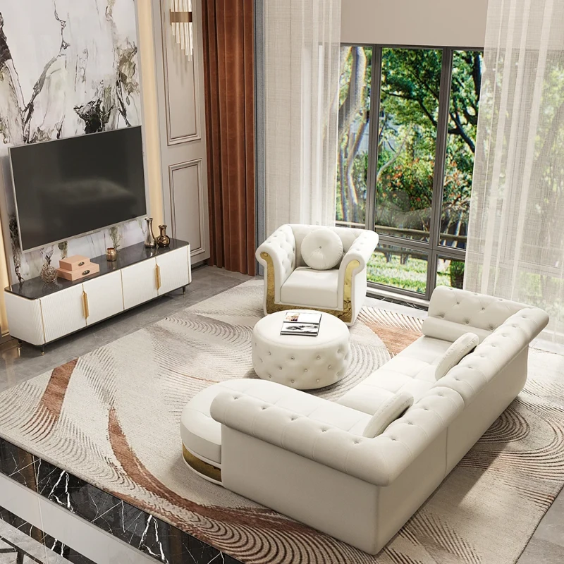 Valencia – Tufted Sectional Sofa made of Natural Wood with Gold Stainless-Steel Touch, featuring Armchair & Chaise Lounge