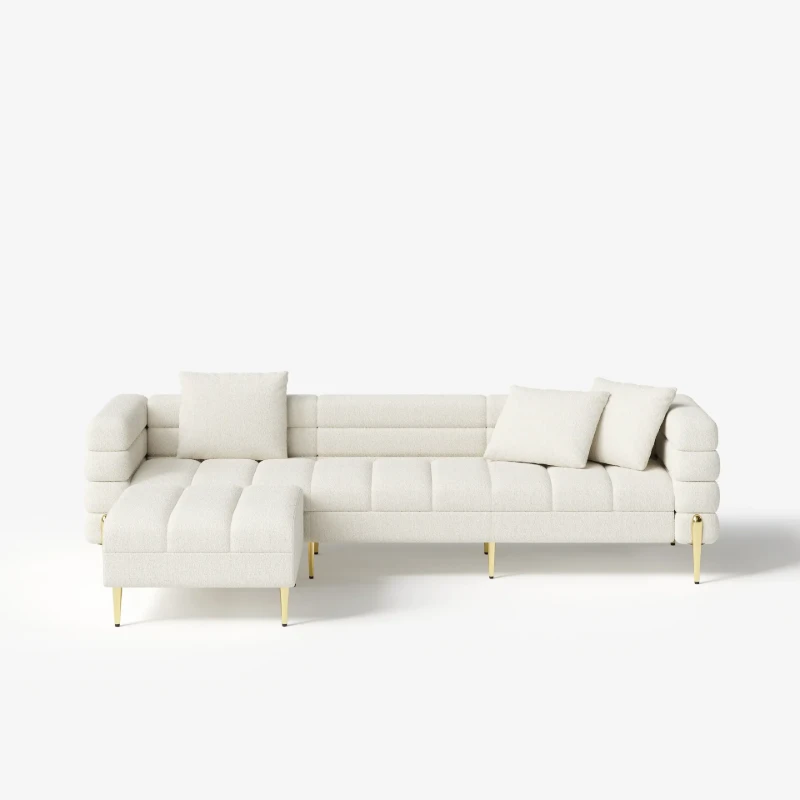 Amélis– Modern Natural Wood Sofa Set with Armchair and Ottoman, Golden Legs