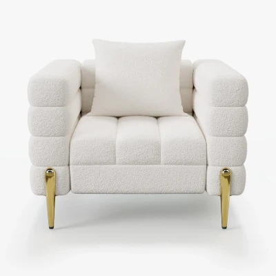 Amélis– Modern Natural Wood Sofa Set with Armchair and Ottoman, Golden Legs