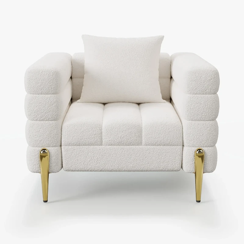 Amélis– Modern Natural Wood Sofa Set with Armchair and Ottoman, Golden Legs