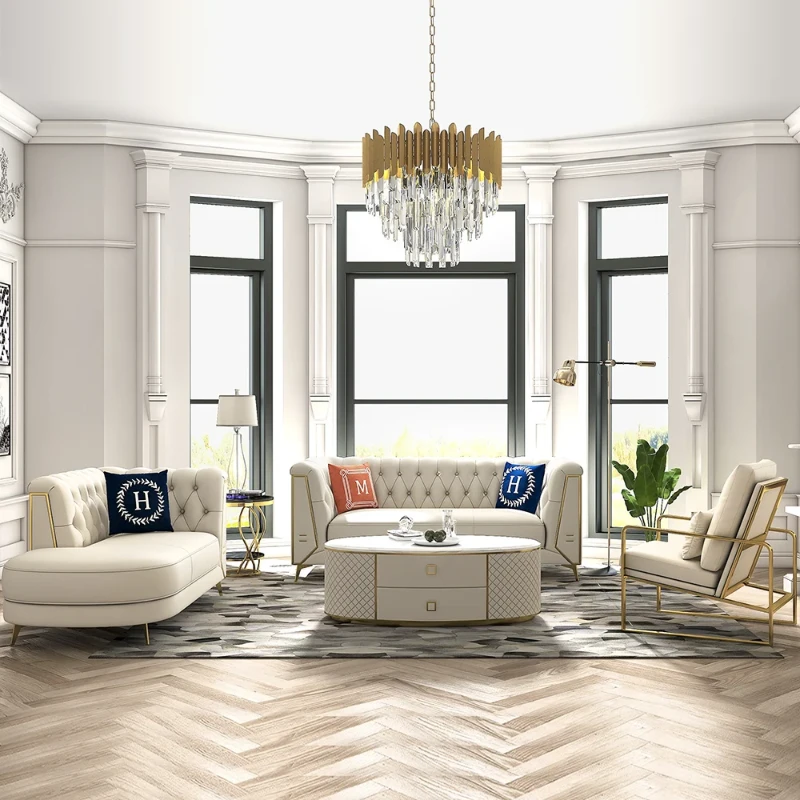 Versailles – Elegant Sofa Set with 2 Couches, Armchair & Coffee Table with Gold Accents