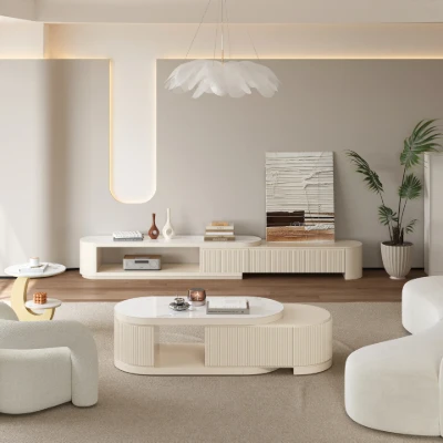 Levanto Set – Extendable TV Unit and Coffee Table with Marble-Effect Top