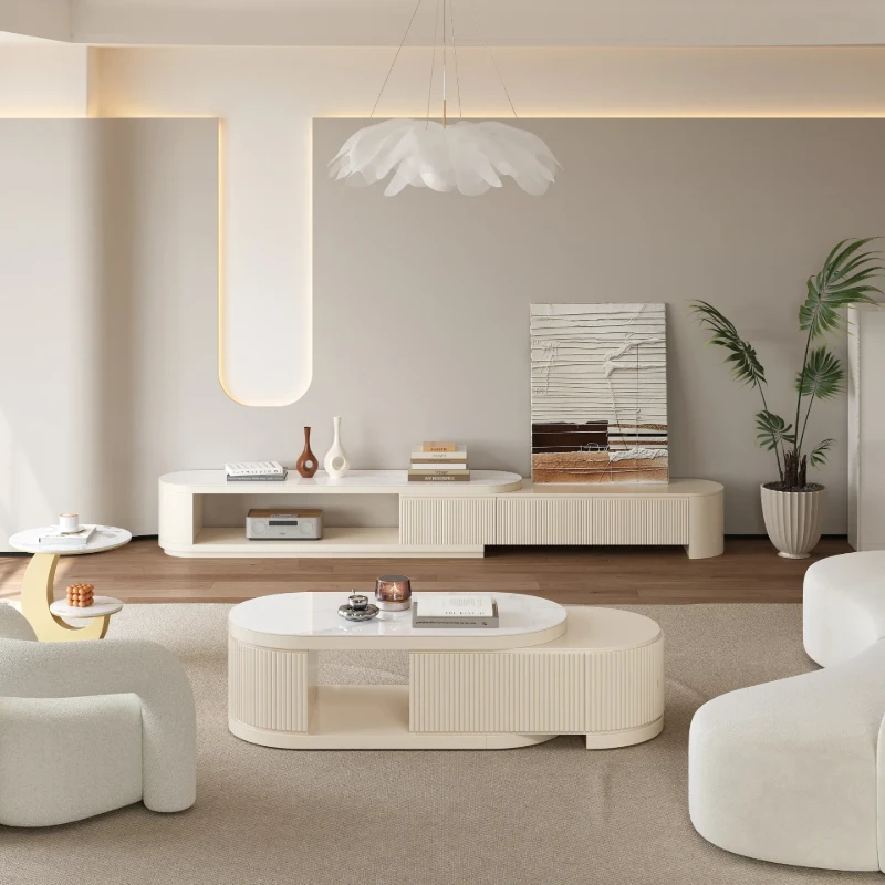 Levanto Set – Extendable TV Unit and Coffee Table with Marble-Effect Top