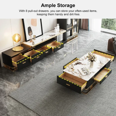 Nocturne – TV Unit and Coffee Table Set in Natural Wood with Gold Stainless Steel Accents and Marble-Look Top