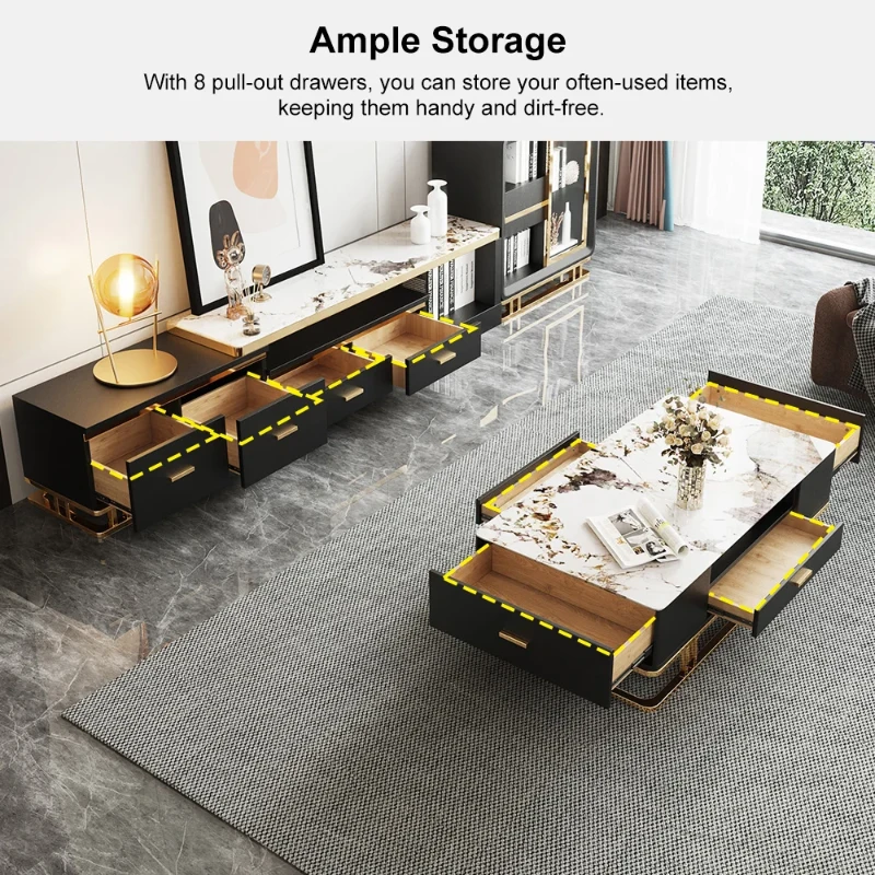 Nocturne – TV Unit and Coffee Table Set in Natural Wood with Gold Stainless Steel Accents and Marble-Look Top