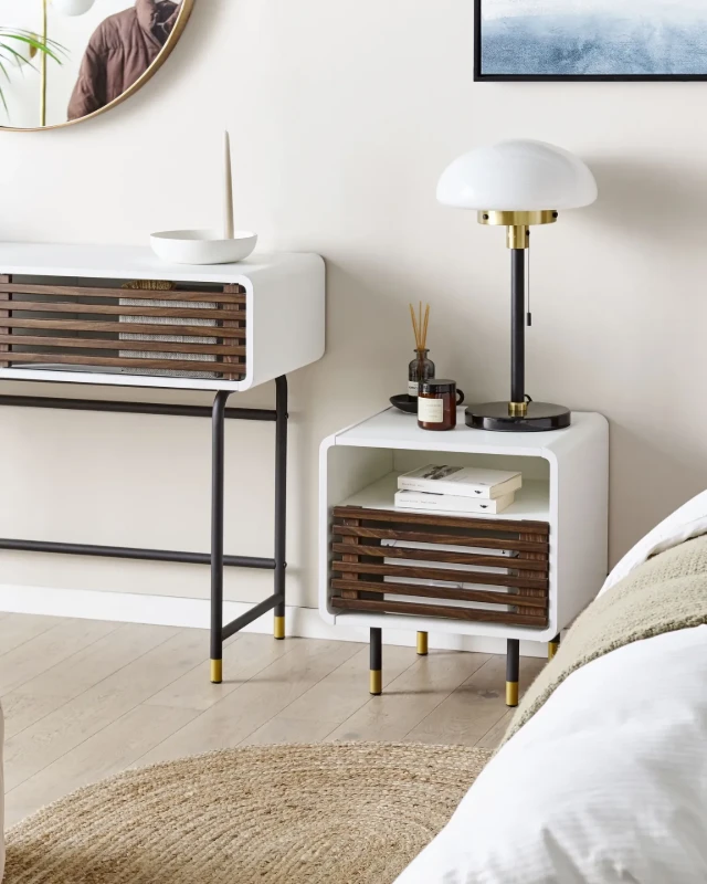 Elvio Modern Bedside Table – Natural Wood with Open Shelf & Drawer