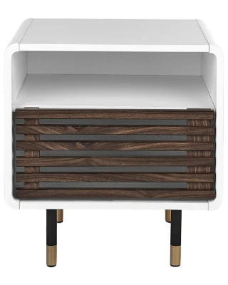 Elvio Modern Bedside Table – Natural Wood with Open Shelf & Drawer