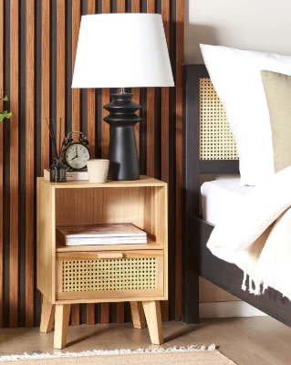 Liora Natural Wood Bedside Table – Open Shelf & Woven Drawer