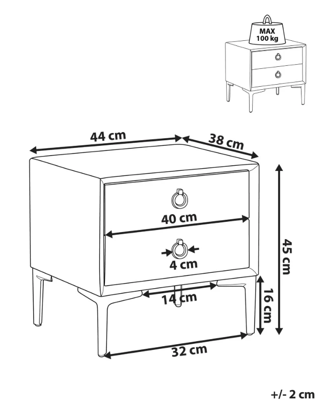 Aureva – Upholstered Bedside Table with 2 Drawers & Metal Legs