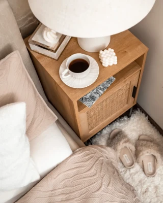 Calvia – Natural Wood Bedside Table with Tall Design & Woven Door