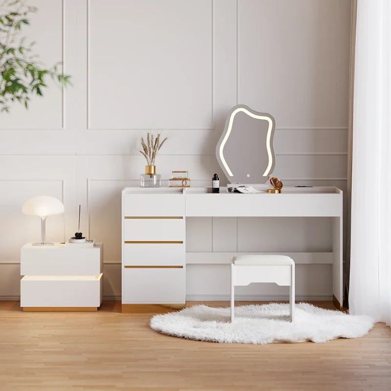 Aurielle – Natural Wood Vanity Set with Chair, LED Mirror, and Multiple Storage Drawers