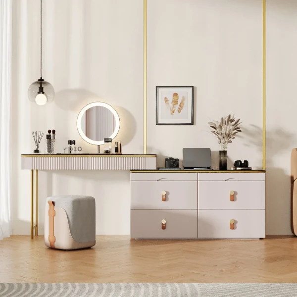 Léonie Vanity Set – Natural Wood with LED Mirror, Chair, and Storage Drawers