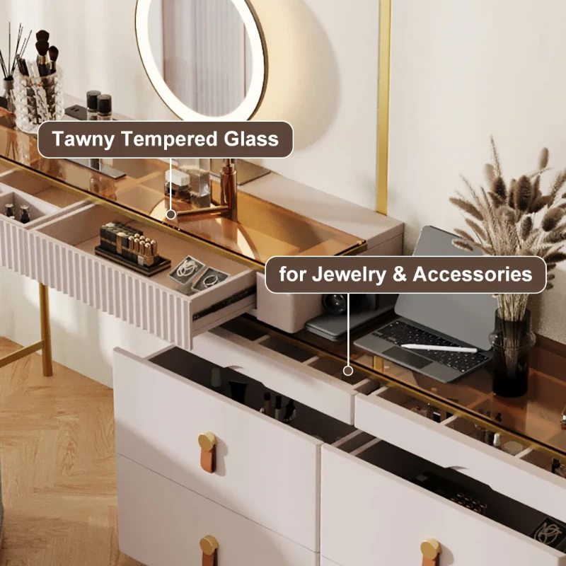 Léonie Vanity Set – Natural Wood with LED Mirror, Chair, and Storage Drawers