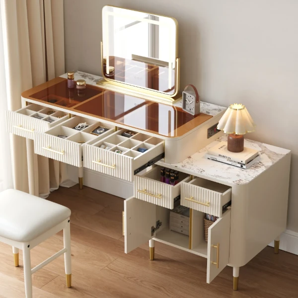 Velona Vanity Set – Natural Wood with Glass & Marble-Look Surfaces, LED Mirror & Chair