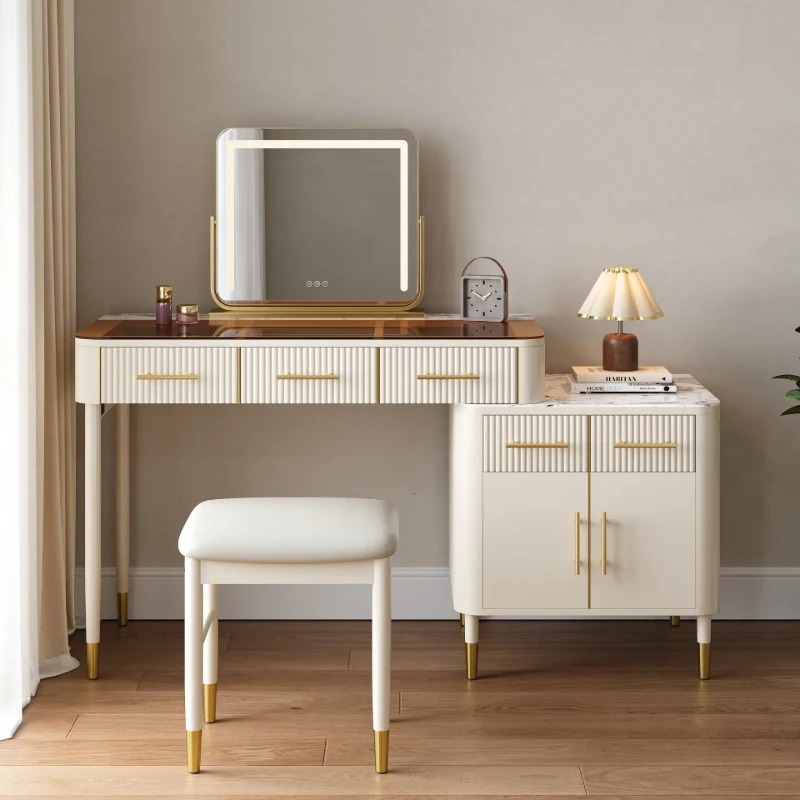 Velona Vanity Set – Natural Wood with Glass & Marble-Look Surfaces, LED Mirror & Chair