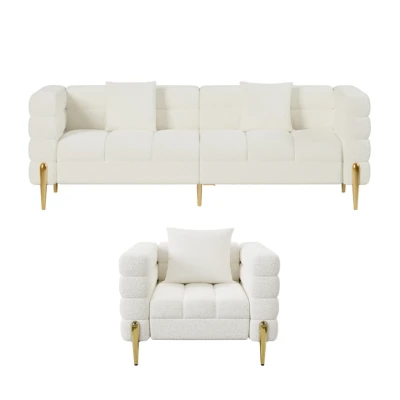 Lumière Sofa Set – 3-Seater Sofa & 2 Armchairs with Golden Metal Legs