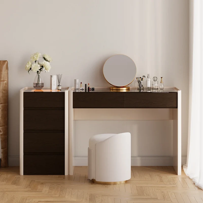 Vanity Set – Ébonie – Natural Wood with Smoked Glass Top, Organizer Drawers & Elegant Stool with Gold Base
