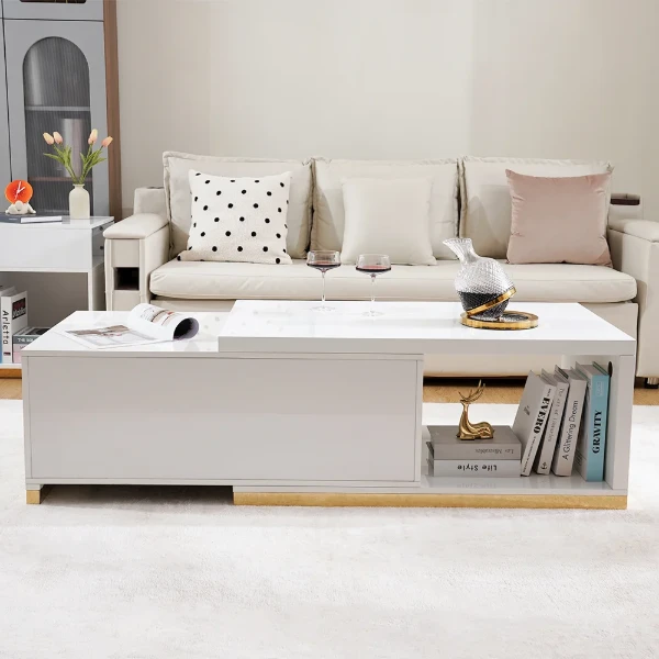 Luvano Extendable Coffee Table – White Finish with Storage Shelf