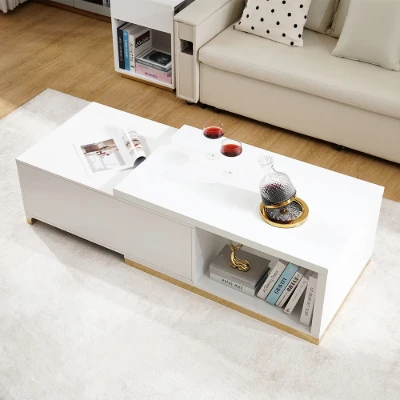 Luvano Extendable Coffee Table – White Finish with Storage Shelf
