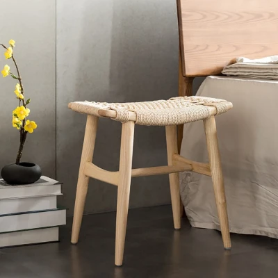 Noelle – Compact Wooden Ottoman with Square Design and Woven Fabric