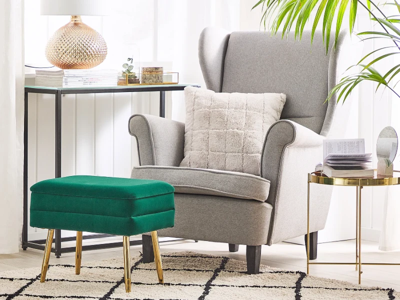 Sovana Ottoman – Luxurious Modern Design with Natural Wood Frame and Golden Metal Legs