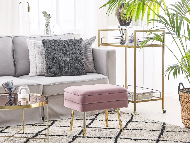 Elyen Ottoman – Contemporary Soft-Touch Design with Natural Wood Frame and Golden Metal Legs