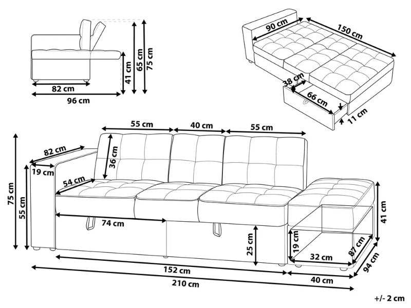 Dormiéa  Convertible Sectional Sofa Bed from natural wood - Fabric Upholstery with Hidden Storage .