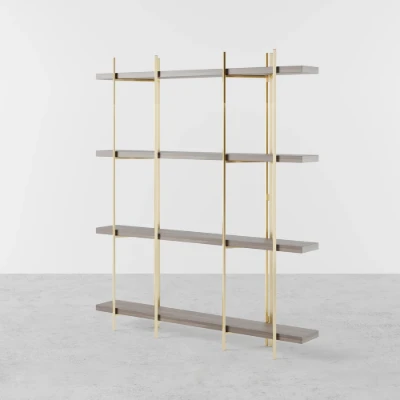 Aurore Display Shelf – Natural Wood & Gold Metal Frame