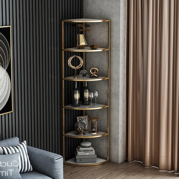 Élano Corner Display Shelf – Natural Wood with Gold Metal Frame