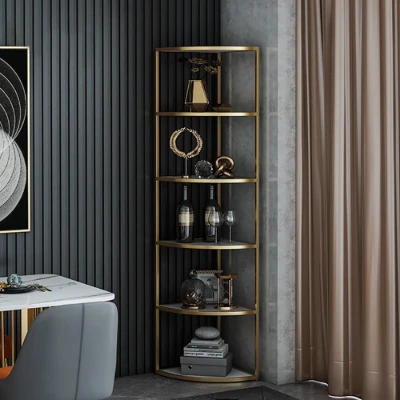 Élano Corner Display Shelf – Natural Wood with Gold Metal Frame