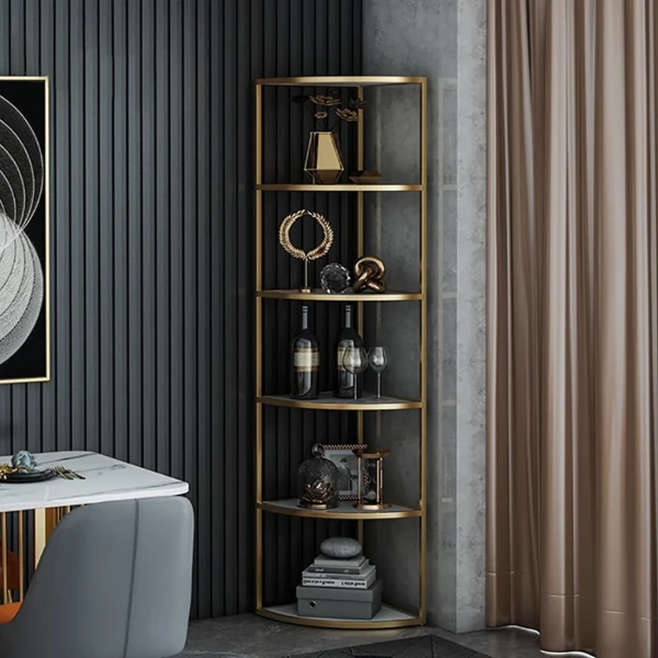 Élano Corner Display Shelf – Natural Wood with Gold Metal Frame