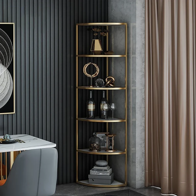 Élano Corner Display Shelf – Natural Wood with Gold Metal Frame