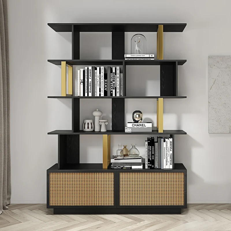 Mavrin Display Shelf – Black Wood with Gold & Rattan Accents