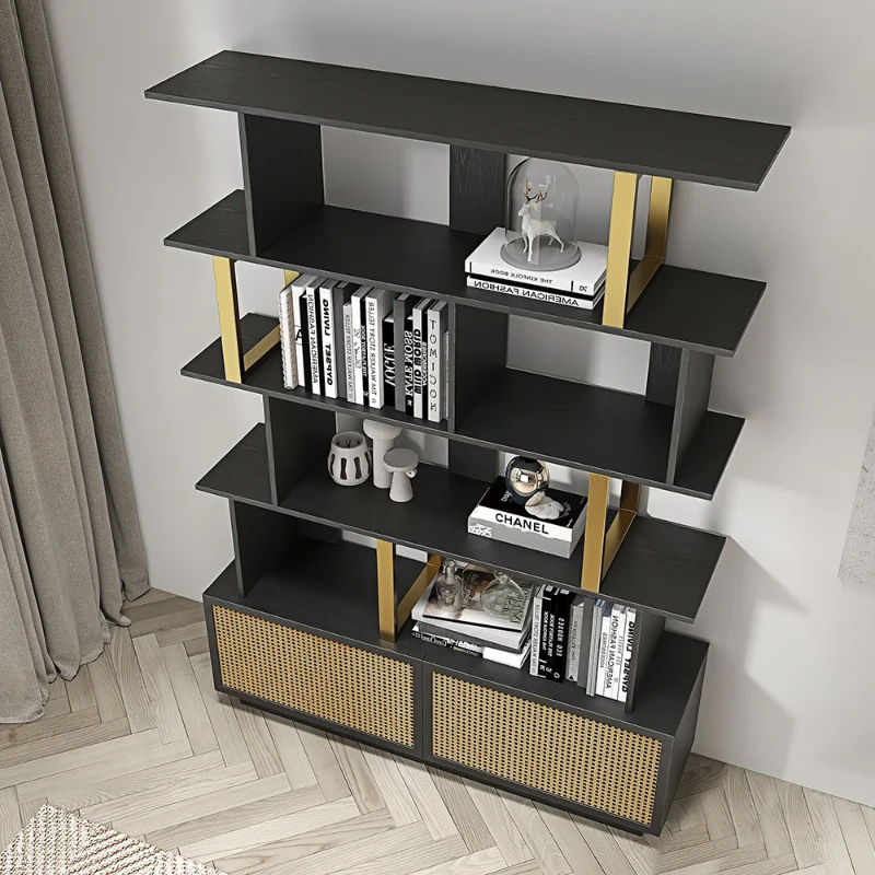 Mavrin Display Shelf – Black Wood with Gold & Rattan Accents
