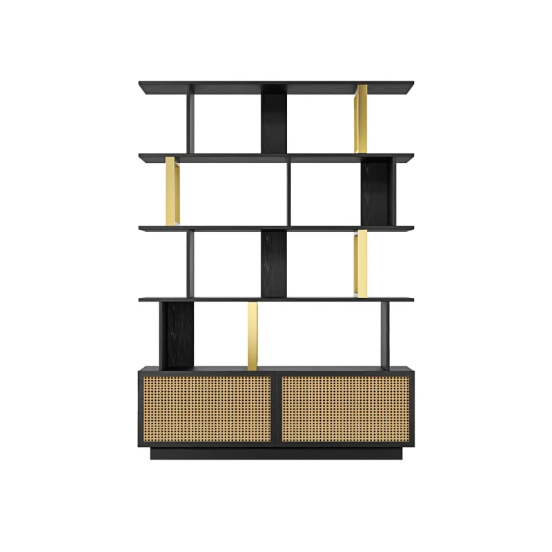 Mavrin Display Shelf – Black Wood with Gold & Rattan Accents